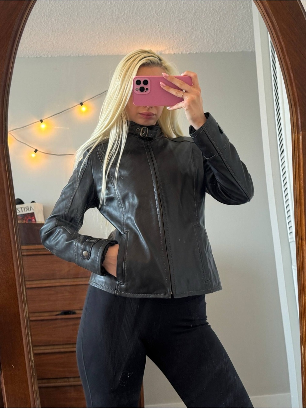 Classic Black Leather Jacket with accent collar
